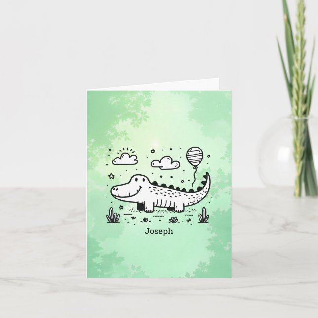 Tarjeta De Agradecimiento Feliz lagarto con globo - Arte de guardería (Anverso)