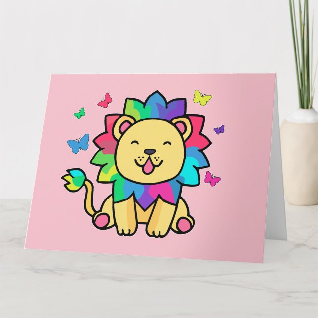 Tarjeta De Agradecimiento Feliz león sonriente con mariposas. (Anverso)