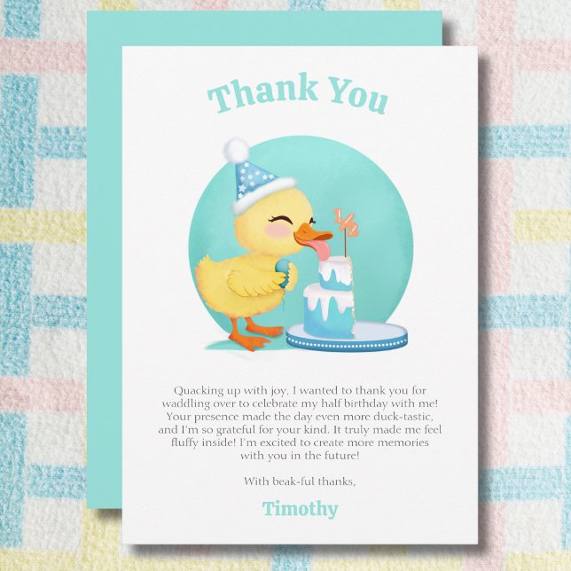Tarjeta De Agradecimiento Feliz medio cumpleaños bebé pato con Fiesta de pas (Subido por el creador)