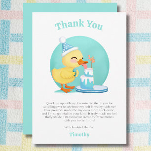 Tarjeta De Agradecimiento Feliz medio cumpleaños, patito bebé con pastel de