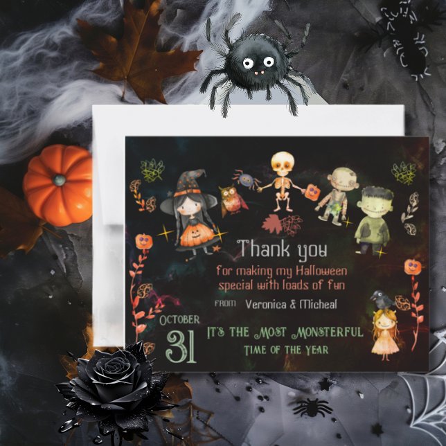 Tarjeta De Agradecimiento Feliz Monstruos de la Cuta de Halloween (Happy Halloween Cute Monsters Thank You Card)