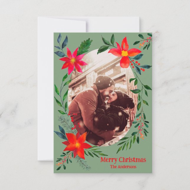 Tarjeta De Agradecimiento Feliz Navidad 1 Foto Acuarela Floral Fiesta (Anverso)