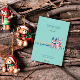 Tarjeta De Agradecimiento Feliz Navidad – Reno y Conejito sobre Verde Azul