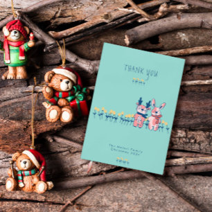 Tarjeta De Agradecimiento Feliz Navidad – Reno y Conejito sobre Verde Azul
