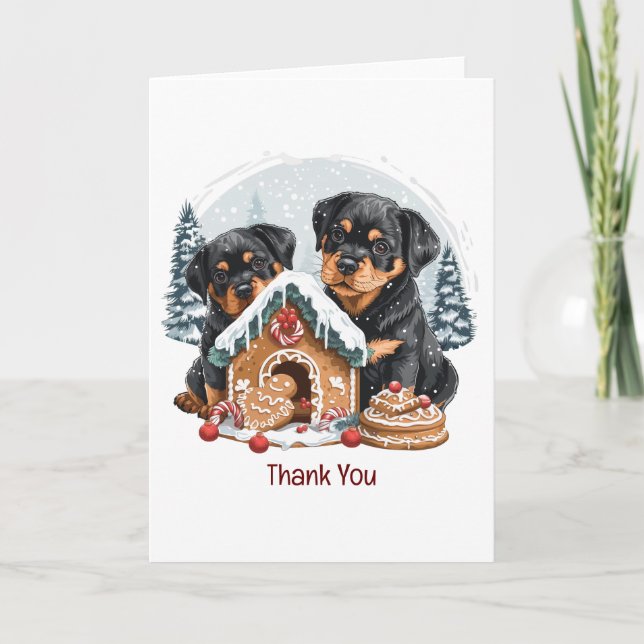 Tarjeta De Agradecimiento Feliz Navidad Rottweiler Dogs Gingerbread House (Anverso)