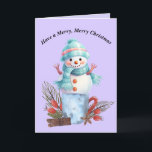 Tarjeta De Agradecimiento Feliz Navidad Snowman Card<br><div class="desc">Feliz Navidad Snowman card. El hombre de nieve está sentado encima de una taza con decoraciones navideñas,  y la carta es en su mayoría azul y púrpura claro. Las palabras en el interior se pueden cambiar. Gracias a Creative Fabrica por algunos de los elementos del diseño.</div>