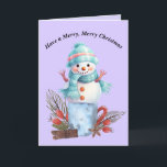 Tarjeta De Agradecimiento Feliz Navidad Snowman Card<br><div class="desc">Feliz Navidad Snowman card. El hombre de nieve está sentado encima de una taza con decoraciones navideñas,  y la carta es en su mayoría azul y púrpura claro. Las palabras en el interior se pueden cambiar. Gracias a Creative Fabrica por algunos de los elementos del diseño.</div>