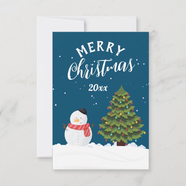 Tarjeta De Agradecimiento Feliz Navidad snowman hermosa nieve azul marino (Anverso)
