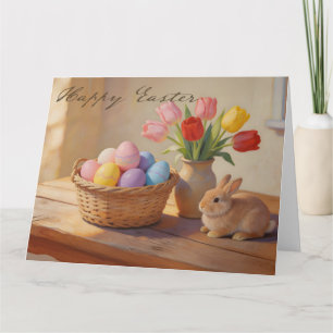 Tarjeta De Agradecimiento Feliz Pascua con Huevos Coloridos y Tulipanes