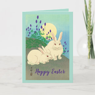 Tarjeta De Agradecimiento Feliz Pascua Conejos Conejo Flores Luna Azul