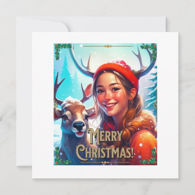 TARJETA DE AGRADECIMIENTO FELIZ REINDEDOR DE NAVIDAD CON FELIZ CHICA (Anverso)