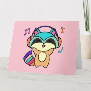 Tarjeta De Agradecimiento Feliz sonriente bebé mapache con auriculares.