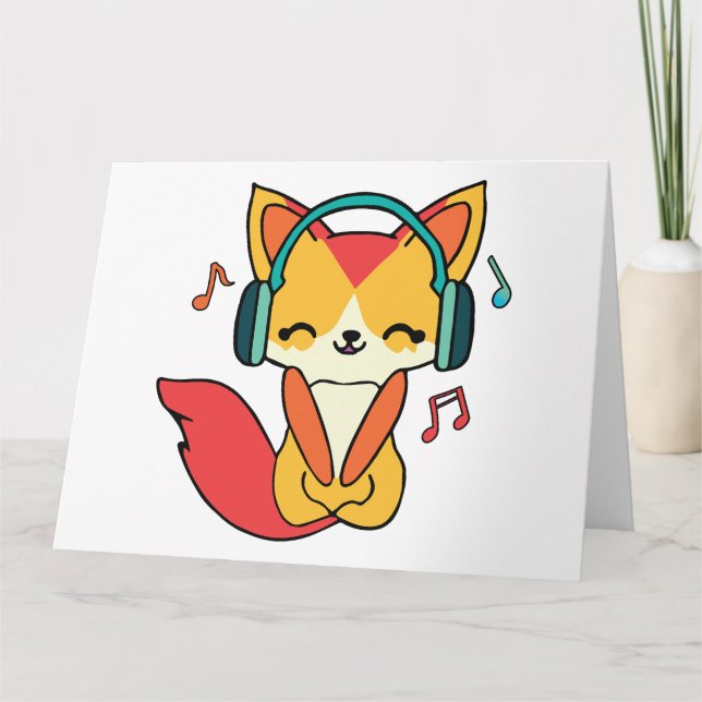 Tarjeta De Agradecimiento Feliz zorro con auriculares escuchando música. (Anverso)
