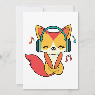 Tarjeta De Agradecimiento Feliz zorro con auriculares escuchando música.