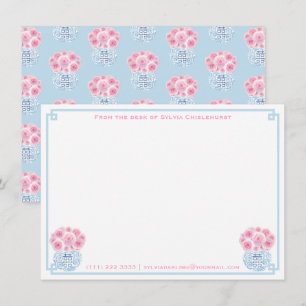 Tarjeta De Agradecimiento Femenino Rosa Azul Doble Felicidad Chinoiserie