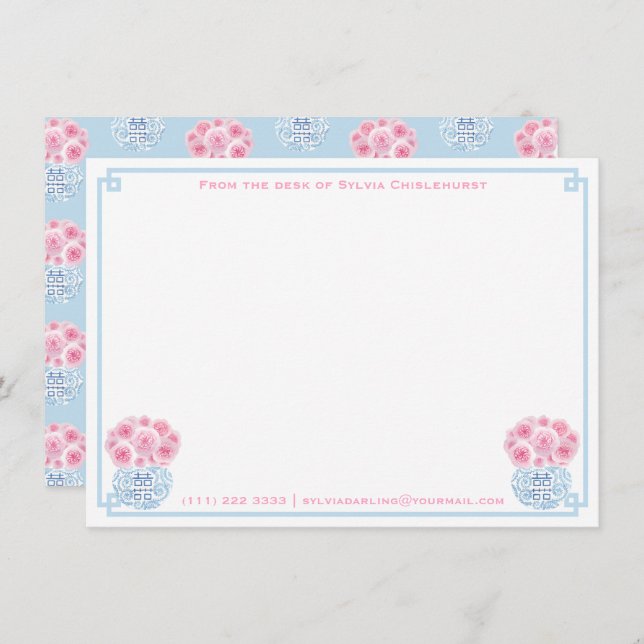 Tarjeta De Agradecimiento Femenino Rosa Azul Doble Felicidad Chinoiserie (Anverso / Reverso)