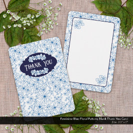 Tarjeta De Agradecimiento Feminine Blue Floral Pattern, Blank