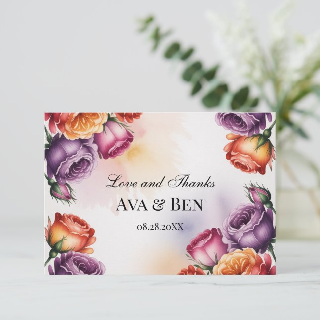 Tarjeta De Agradecimiento Festive Purple Orange and Red Roses Wedding (Anverso de pie)