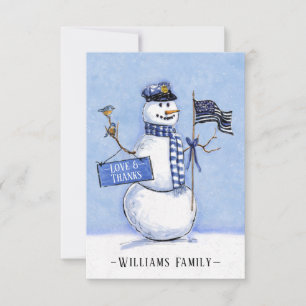 Tarjeta De Agradecimiento Festividad de Snowman, bandera de la línea azul de