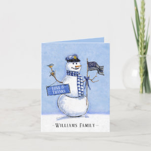 Tarjeta De Agradecimiento Festividad de Snowman, bandera de la línea azul de