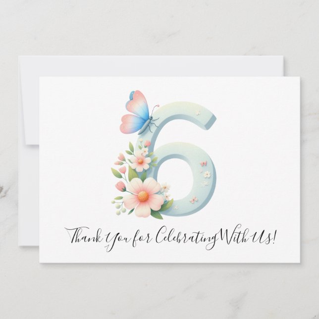 Tarjeta De Agradecimiento Festividad Floral Mariposa Sexto Cumpleaños Gracia (Anverso)