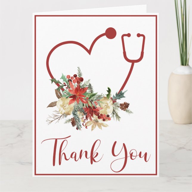 Tarjeta De Agradecimiento Festividades Estetioscopio Floral Rojo Gracias (Anverso)