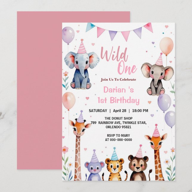 Tarjeta De Agradecimiento Fiera Una Cute Animals Globo niñas 1er Cumpleaños (Anverso / Reverso)