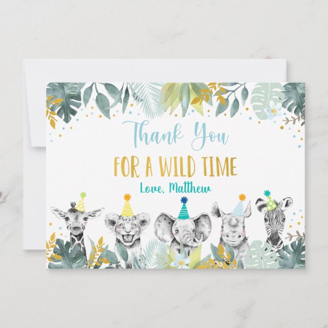 Tarjeta De Agradecimiento Fiesta Animal Blue Gold Safari Cumpleaños Gracias (Anverso)