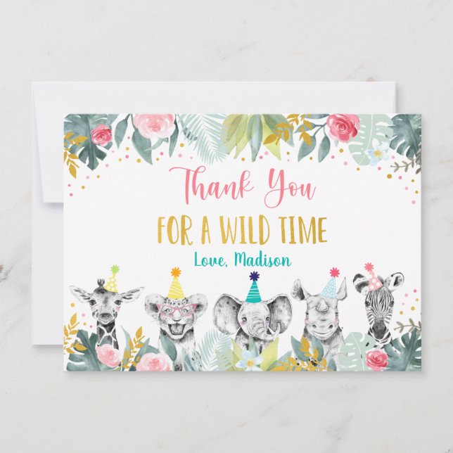 Tarjeta De Agradecimiento Fiesta Animal Pink Gold Safari Cumpleaños Gracias (Anverso)
