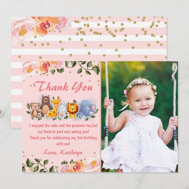 Tarjeta De Agradecimiento Fiesta Animales Chicas florales rosados Foto de cu (Anverso / Reverso)