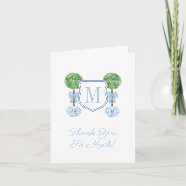 Tarjeta De Agradecimiento Fiesta Baby Shower Preppy Monograma Pale Blue Boy (Anverso)