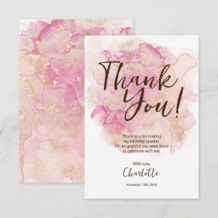 Tarjeta De Agradecimiento Fiesta Chic Rosa y Dorado Acuarela Sweet 16 