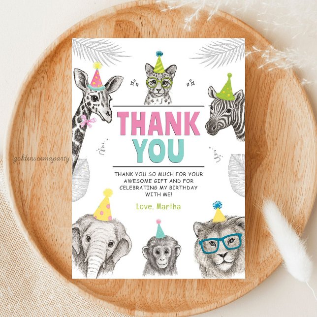 Tarjeta De Agradecimiento Fiesta de Animales | Cumpleaños de Animal Salvaje (Animals Party | Wild Animal Birthday Thank You Card )