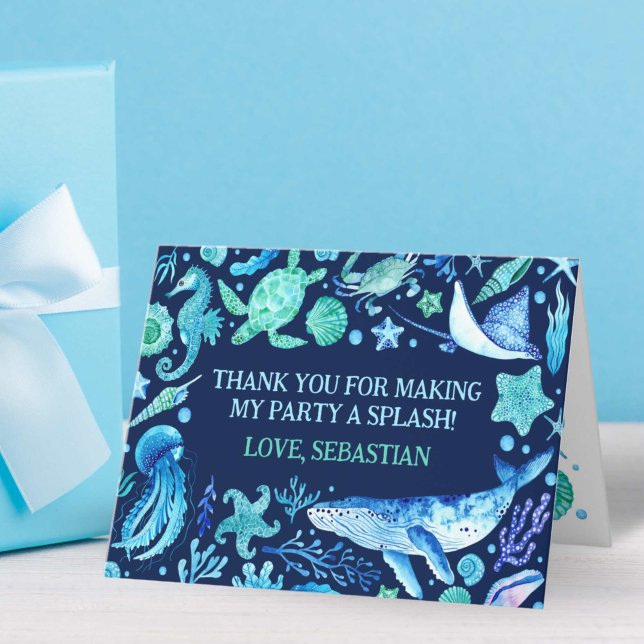 Tarjeta De Agradecimiento Fiesta de ballena acuática bajo el mar (Watercolor Whale Navy Under the Sea Party Thank You Card)