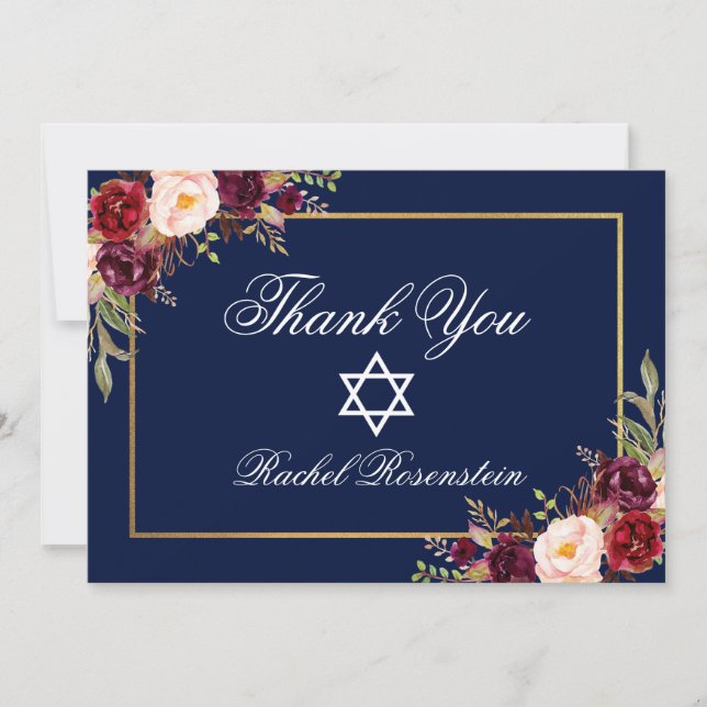 Tarjeta De Agradecimiento Fiesta de Bat Mitzvah Burgundy Gold Floral (Anverso)