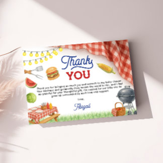 Tarjeta De Agradecimiento Fiesta de BBQ Azul para Baby Shower 5x3.5