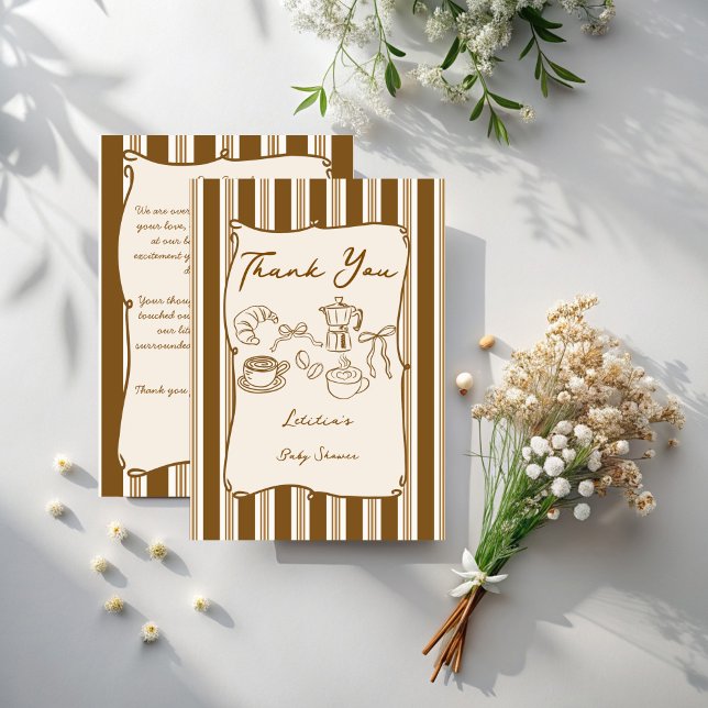 Tarjeta De Agradecimiento Fiesta de bebé: café con rayas retro (Baby is brewing retro stripes coffee baby shower thank you card hand drawn coffee baby shower )