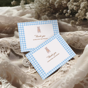 Tarjeta De Agradecimiento Fiesta de Bebé Cuadrillé de Acuarela Azul Oso Rúst