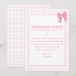 Tarjeta De Agradecimiento Fiesta de Bebé de Cuadrillé Rosa Pastel con Lindo