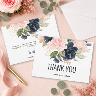 Tarjeta De Agradecimiento Fiesta de Bebé Floral Acuarela Rosa y Azul Marino