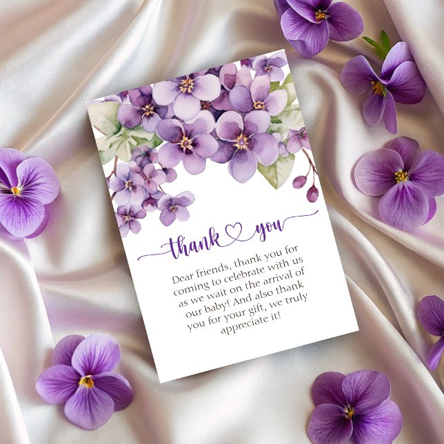 Tarjeta De Agradecimiento Fiesta de Bebé Flores Moradas Purpura de Verano (Summer Purple Violet Flowers Baby Shower Thank You Card)