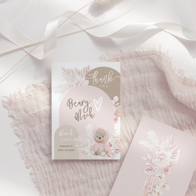 Tarjeta De Agradecimiento Fiesta de Bebé Niña Boho Moderna de Osito de Peluc (Subido por el creador)
