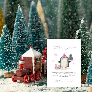 Tarjeta De Agradecimiento Fiesta de Bebé Pingüino de Bosque Invernal Rosa