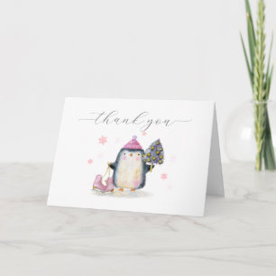 Tarjeta De Agradecimiento Fiesta de Bebé Pingüino de Patinaje en Bosque Inve