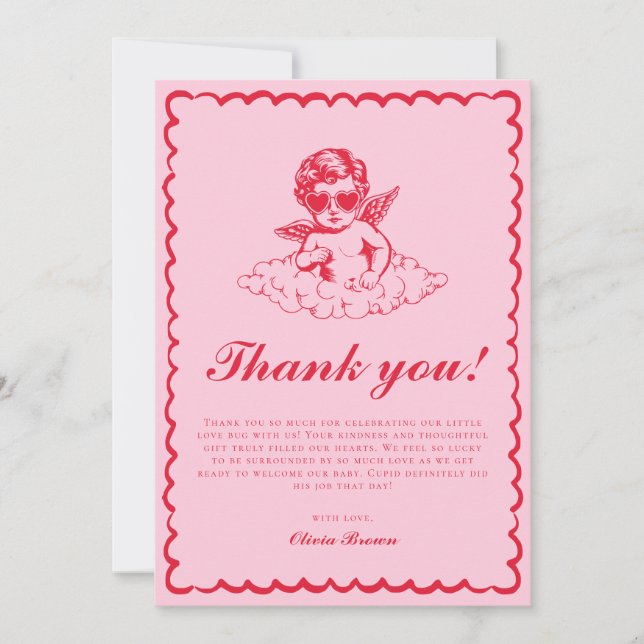 Tarjeta De Agradecimiento Fiesta de Bebé Querubín Retro Rosa y Rojo (Anverso)