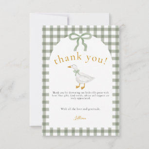 Tarjeta De Agradecimiento Fiesta de Bebé Silly Goose Green Gingham Cottageco