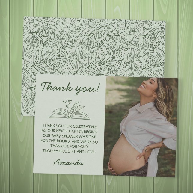 Tarjeta De Agradecimiento Fiesta de Bebé Tema de Libro Capítulo Siguiente Fl (Book Theme Next Chapter Floral Green Baby Shower Thank You Card)