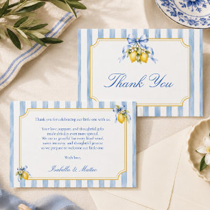 Tarjeta De Agradecimiento Fiesta de Bienvenida de Bebé Limón con Lazo Azul d