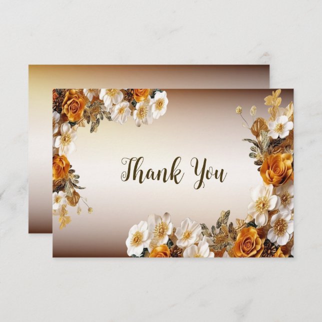 Tarjeta De Agradecimiento Fiesta de Boda Naranja Dorado Flores Blancas Rústi (Anverso / Reverso)