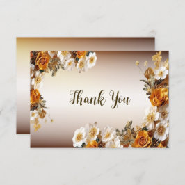 Tarjeta De Agradecimiento Fiesta de Boda Naranja Dorado Flores Blancas Rústi